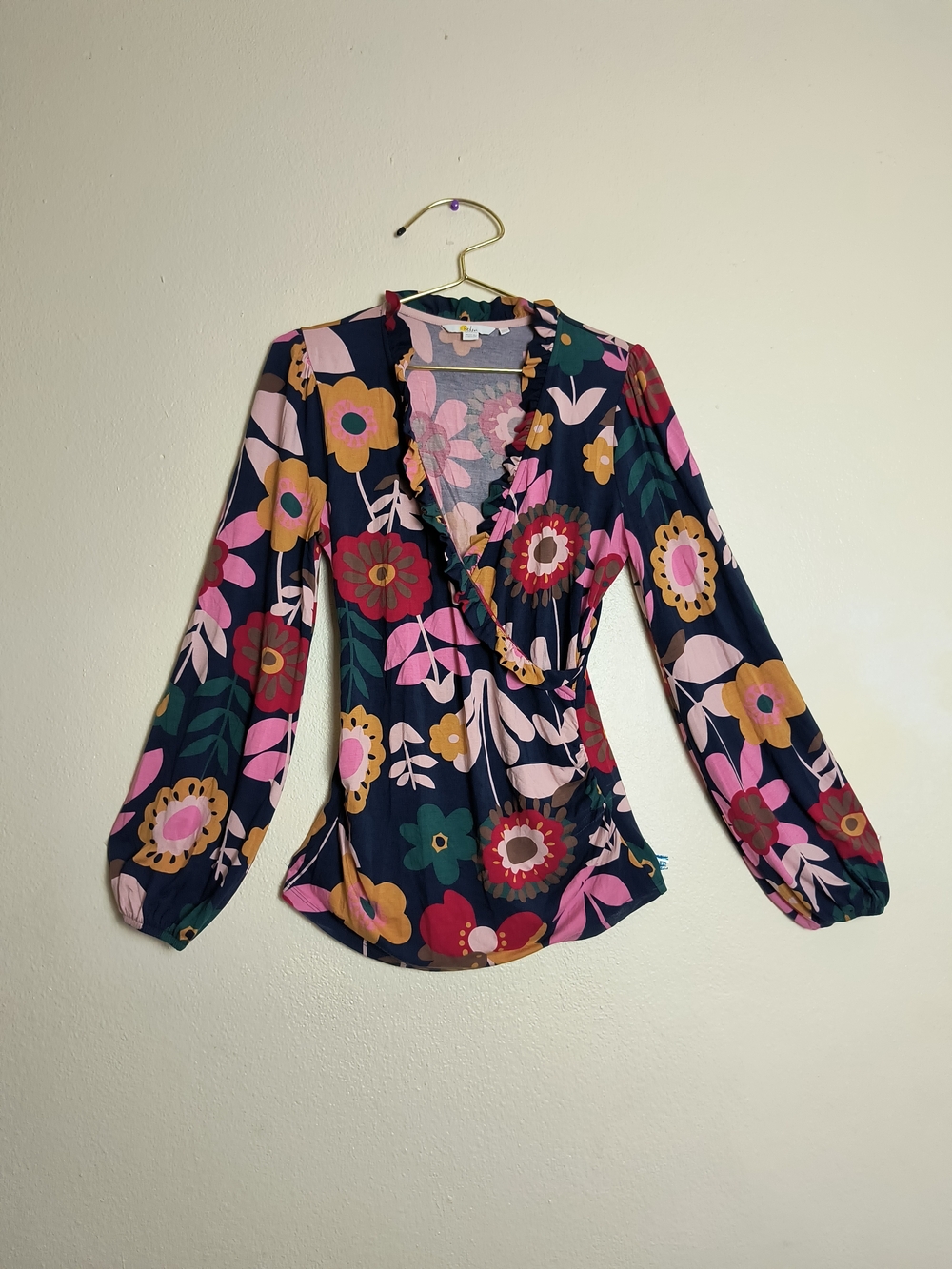 Boden Women's Size 8 Floral Wrap Blouse - Navy, Pink & Mustard Casual